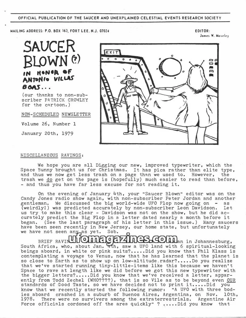 Cover of OFFICIAL PUBLICATION OF THE SAUCER AND UNEXPLAINED CELESTIAL EVENTS RESEARCH SOCIETY issue Volume 26, Number 1: SAUCER BLOWN (?)