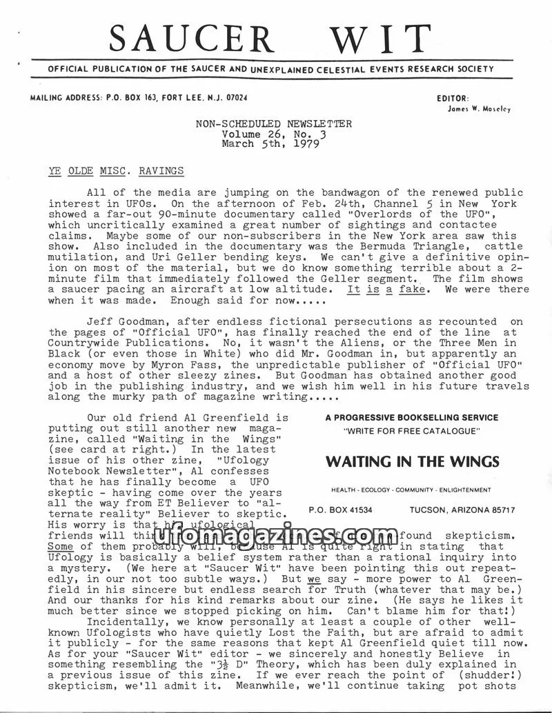 Cover of SAUCER AND UNEXPLAINED CELESTIAL EVENTS RESEARCH SOCIETY issue Volume 26, No. 3: SAUCER WIT