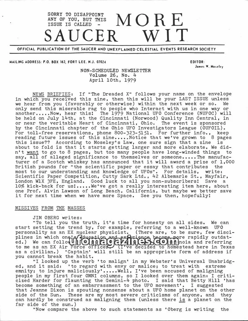 Cover of SAUCER AND UNEXPLAINED CELESTIAL EVENTS RESEARCH SOCIETY issue Volume 26, No. 4: MORE SAUCER WIT