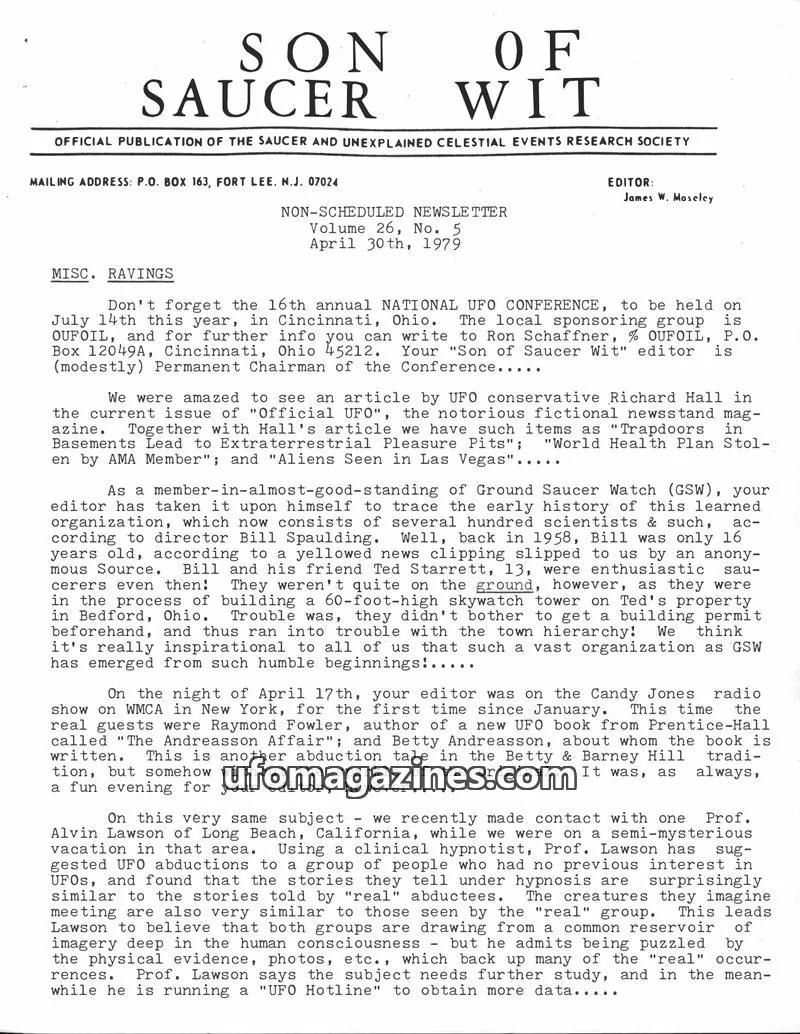 Cover of OFFICIAL PUBLICATION OF THE SAUCER AND UNEXPLAINED CELESTIAL EVENTS RESEARCH SOCIETY issue Volume 26, No. 5: SON OF SAUCER WIT