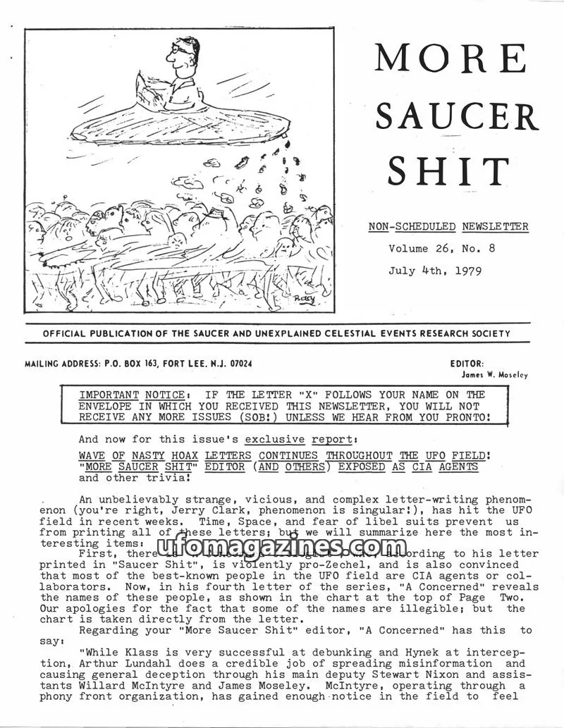 Cover of SAUCER AND UNEXPLAINED CELESTIAL EVENTS RESEARCH SOCIETY issue 26, No. 8: MORE SAUCER SHIT
