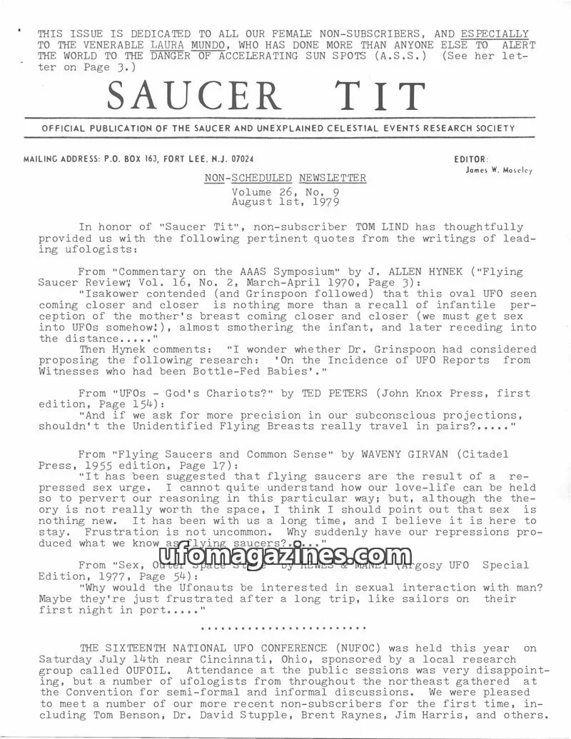 Cover of OFFICIAL PUBLICATION OF THE SAUCER AND UNEXPLAINED CELESTIAL EVENTS RESEARCH SOCIETY issue No. 9: SAUCER TIT