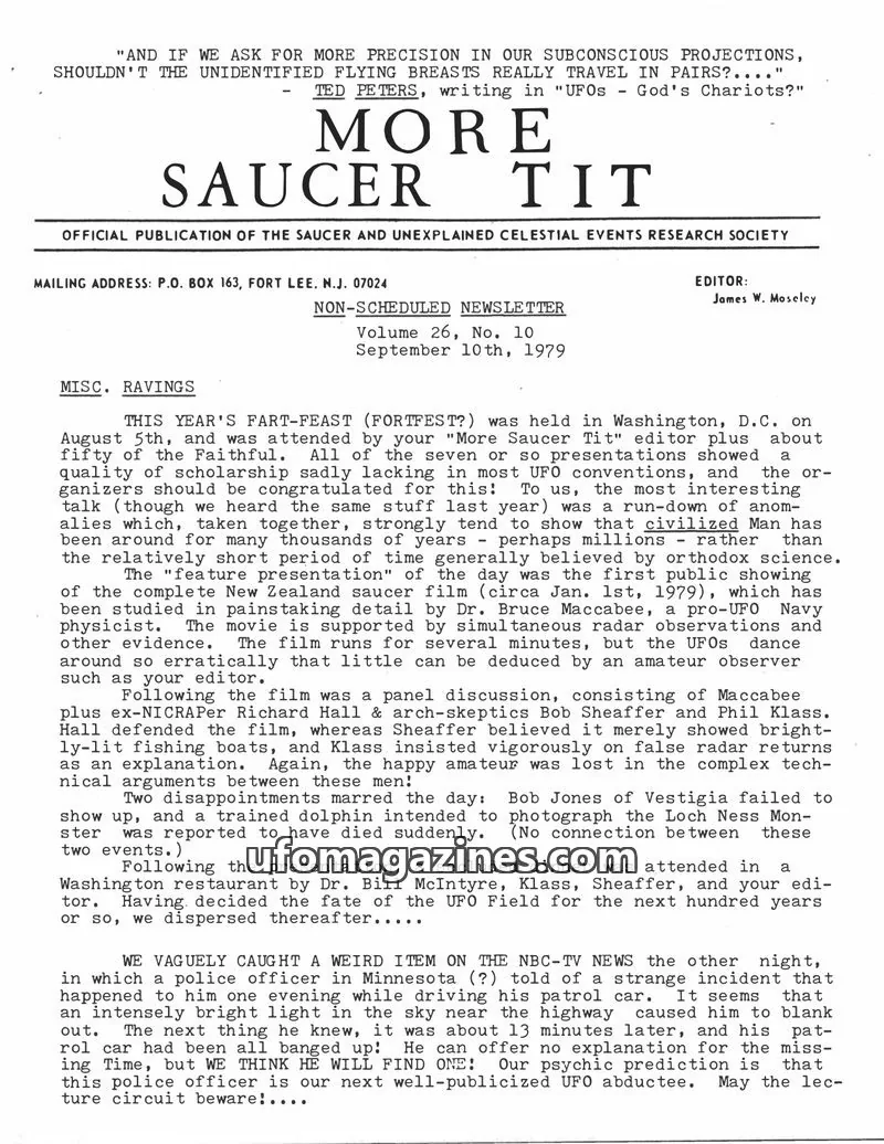 Cover of OFFICIAL PUBLICATION OF THE SAUCER AND UNEXPLAINED CELESTIAL EVENTS RESEARCH SOCIETY issue Volume 26, No. 10: MORE SAUCER TIT