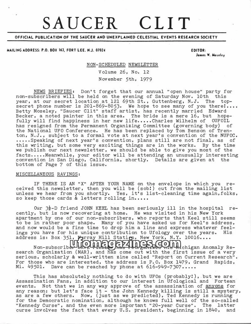 Cover of SAUCER AND UNEXPLAINED CELESTIAL EVENTS RESEARCH SOCIETY issue Volume 26, No. 12: SAUCER CLIT