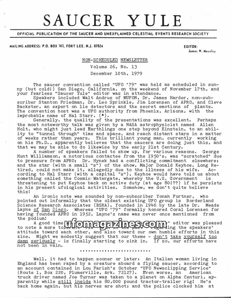 Cover of SAUCER AND UNEXPLAINED CELESTIAL EVENTS RESEARCH SOCIETY issue Volume 26, No. 13: SAUCER YULE