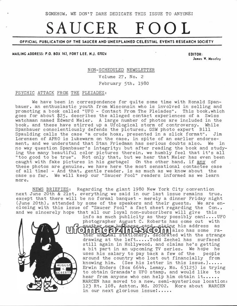 Cover of SAUCER AND UNEXPLAINED CELESTIAL EVENTS RESEARCH SOCIETY issue Volume 27, No. 2: SAUCER FOOL