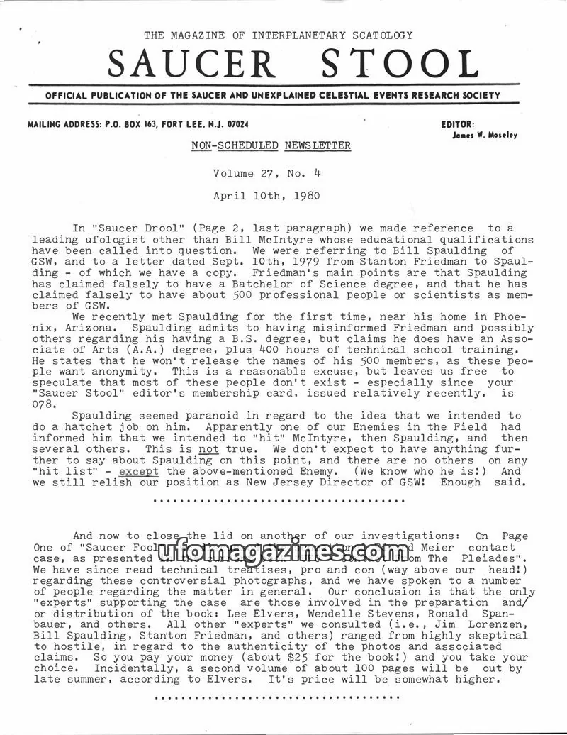 Cover of SAUCER AND UNEXPLAINED CELESTIAL EVENTS RESEARCH SOCIETY issue Volume 27, No. 4: SAUCER STOOL