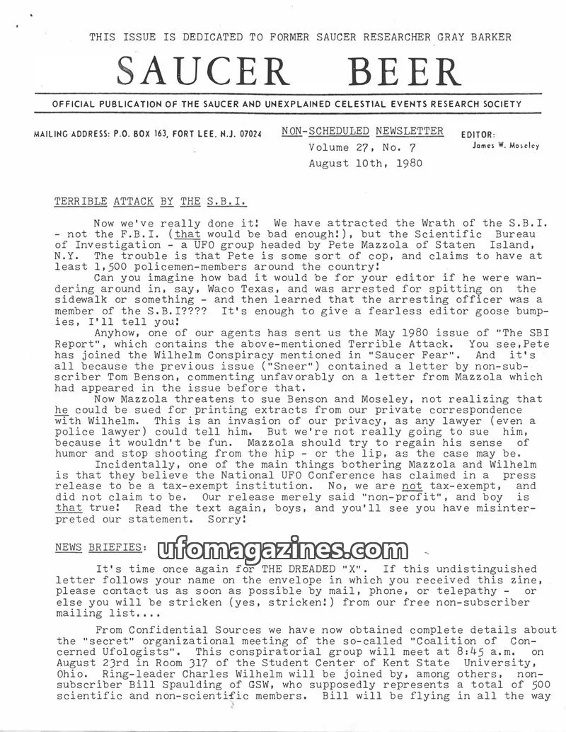 Cover of OFFICIAL PUBLICATION OF THE SAUCER AND UNEXPLAINED CELESTIAL EVENTS RESEARCH SOCIETY issue Volume 27, No. 7: SAUCER BEER