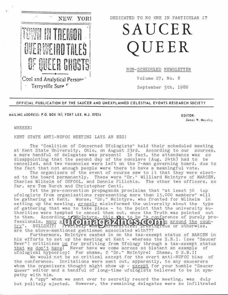 Cover of THE SAUCER AND UNEXPLAINED CELESTIAL EVENTS RESEARCH SOCIETY issue 27, No. 8: SAUCER QUEER