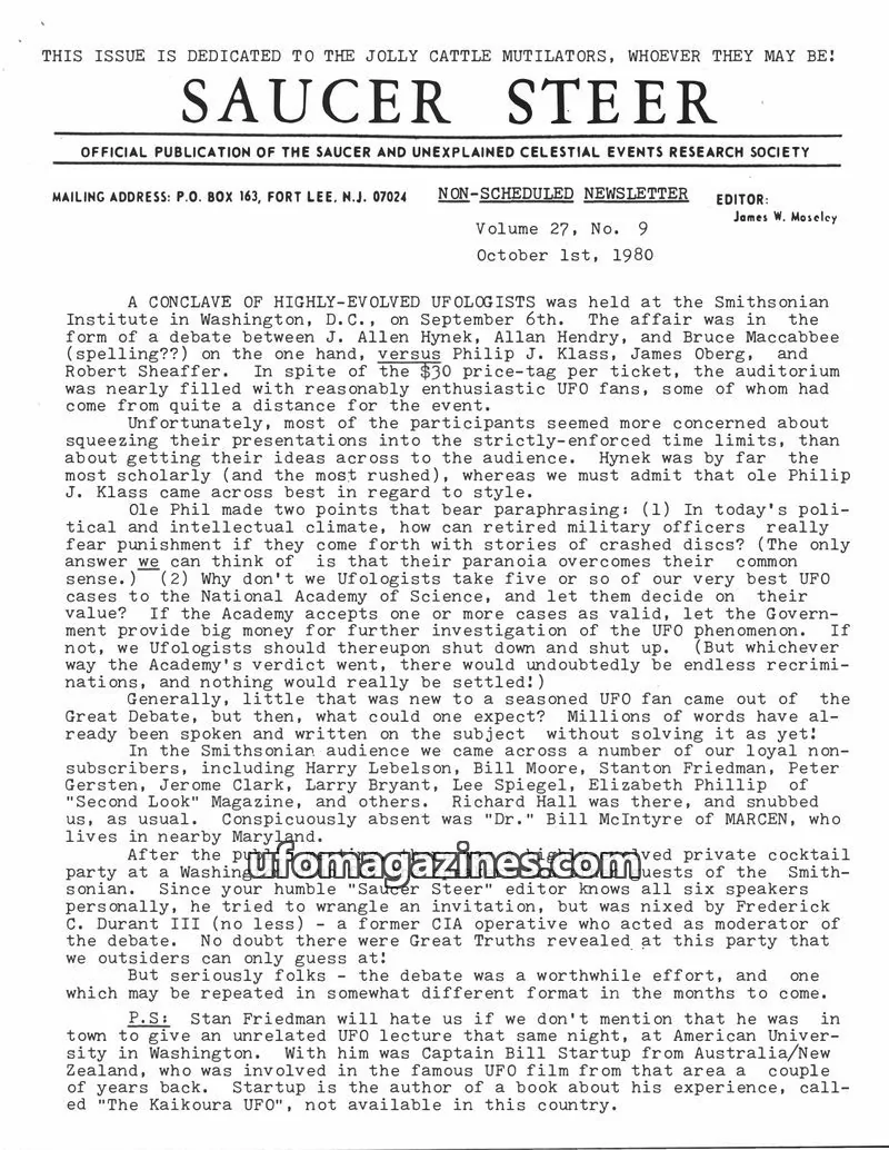 Cover of SAUCER AND UNEXPLAINED CELESTIAL EVENTS RESEARCH SOCIETY issue Vol. 27, No. 9: SAUCER STEER