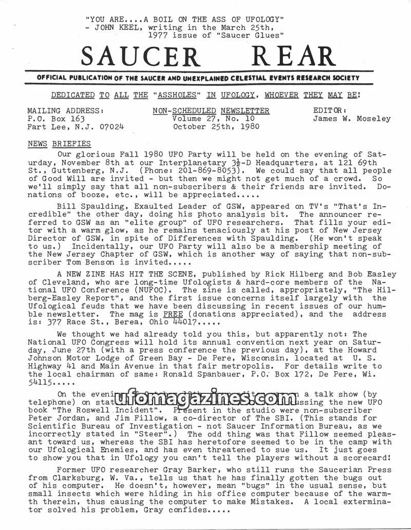 Cover of SAUCER AND UNEXPLAINED CELESTIAL EVENTS RESEARCH SOCIETY issue Volume 27, No. 10: SAUCER REAR