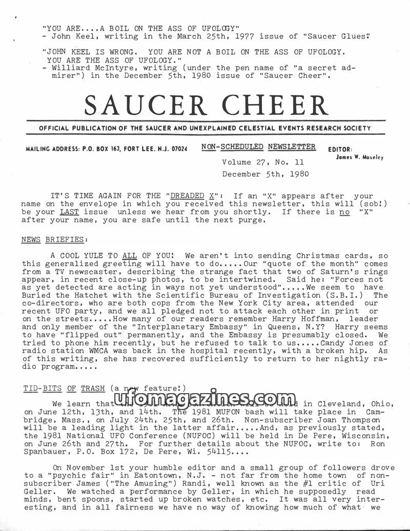 Cover of SAUCER AND UNEXPLAINED CELESTIAL EVENTS RESEARCH SOCIETY issue No. 11: SAUCER CHEER