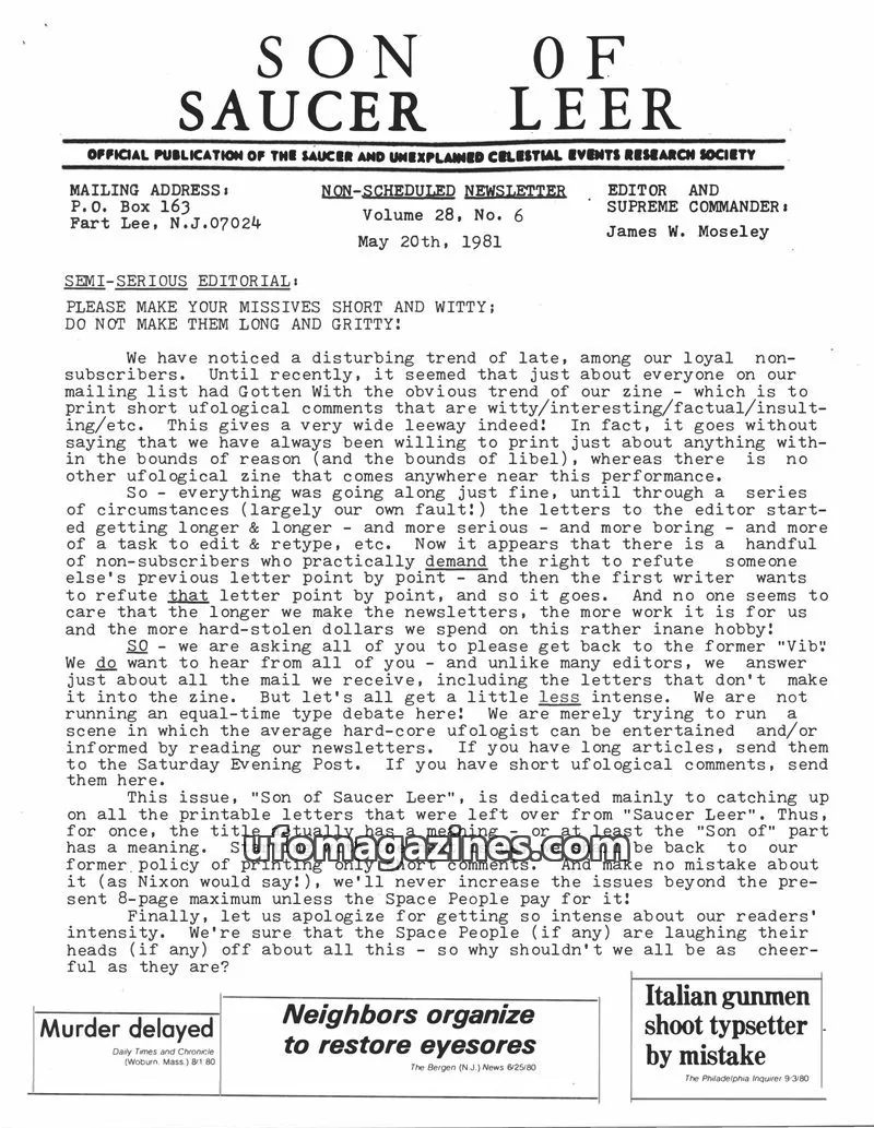 Cover of OFFICIAL PUBLICATION OF THE SAUCER AND UNEXPLAINED CELESTIAL EVENTS RESEARCH SOCIETY issue No. 6: SON OF SAUCER LEER