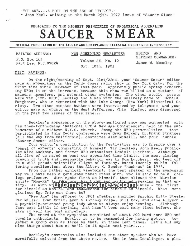 Cover of SAUCER AND UNEXPLAINED CELESTIAL EVENTS RESEARCH SOCIETY issue Volume 28, No. 10: SAUCER SMEAR