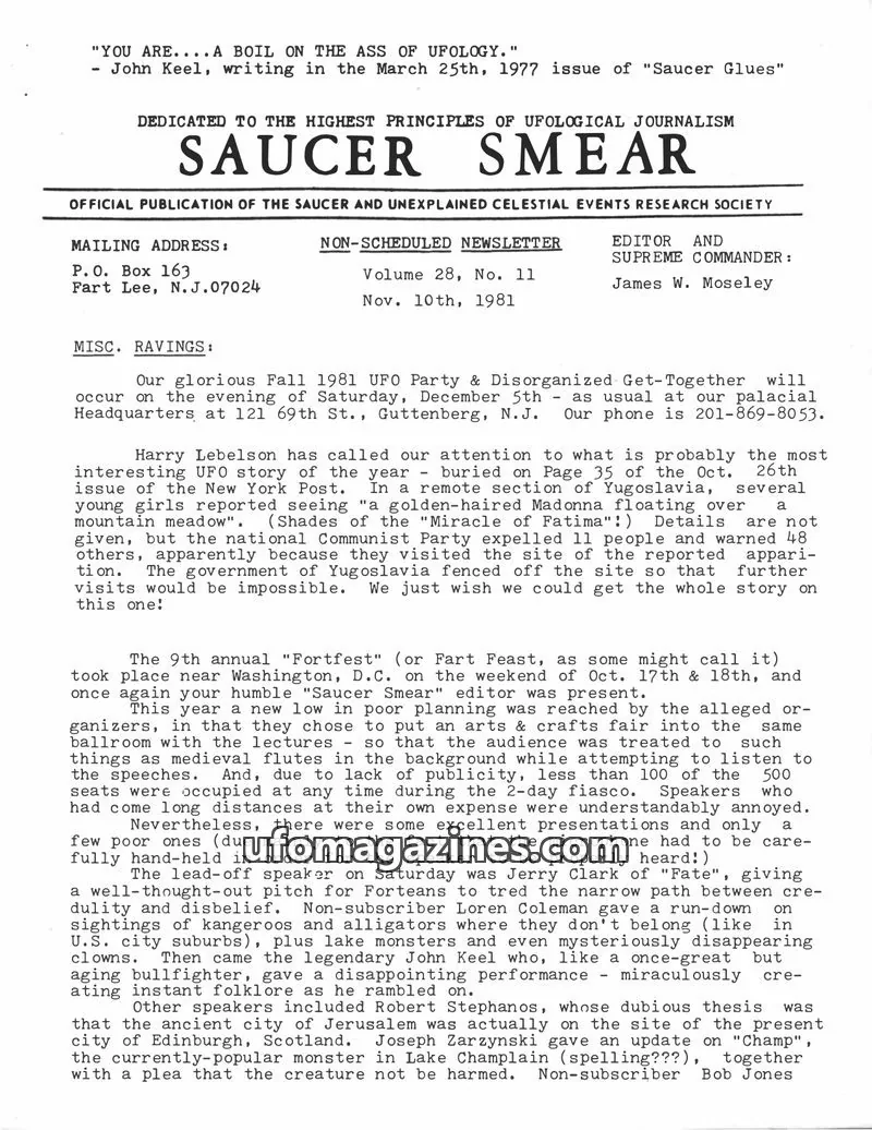 Cover of SAUCER AND UNEXPLAINED CELESTIAL EVENTS RESEARCH SOCIETY issue No. 11: SAUCER SMEAR