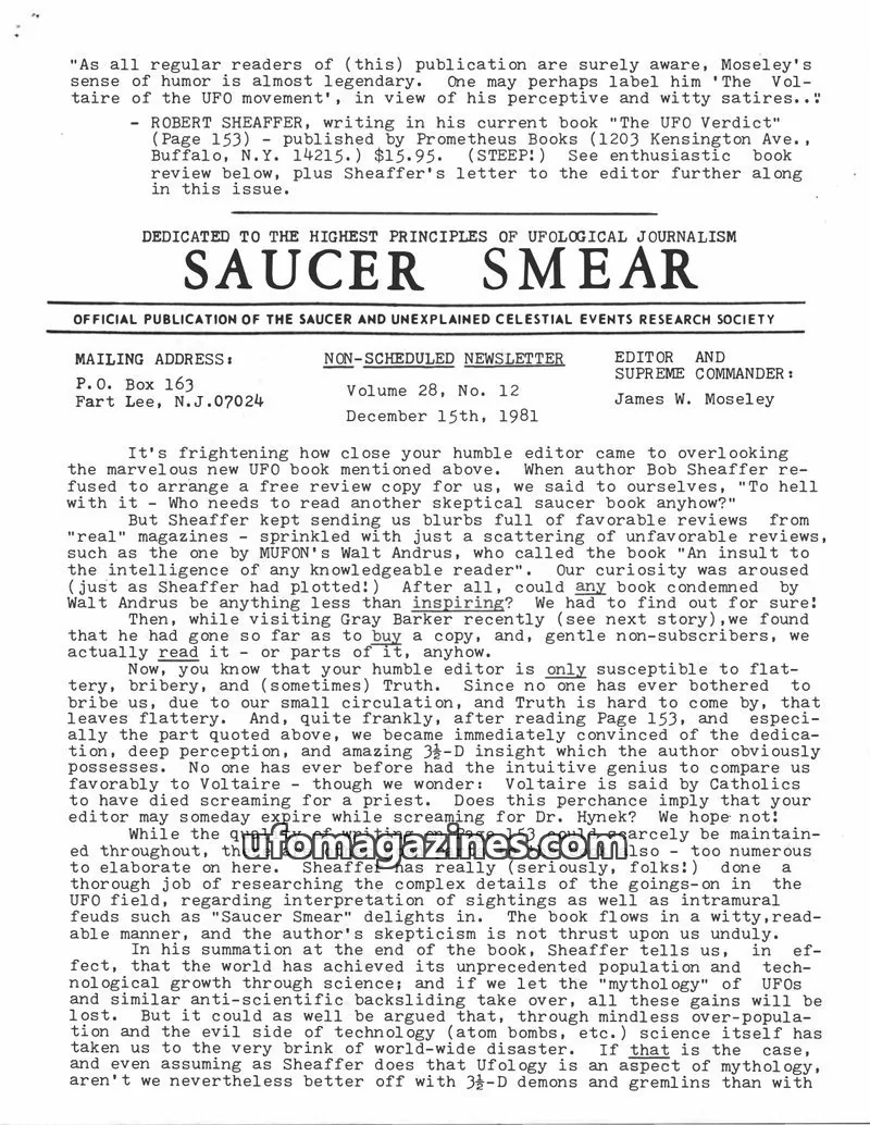 Cover of Saucer Smear (Jim Moseley) issue Volume 28, No. 12: SAUCER SMEAR