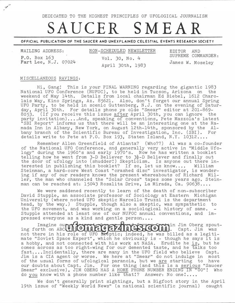 Cover of Saucer Smear (Jim Moseley) issue Vol. 30, No. 4: SAUCER SMEAR