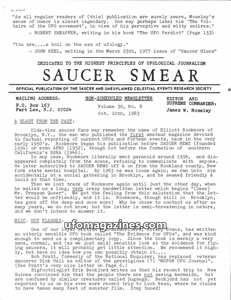Cover of OFFICIAL PUBLICATION OF THE SAUCER AND UNEXPLAINED CELESTIAL EVENTS RESEARCH SOCIETY issue Volume 30, No. 8: SAUCER SMEAR
