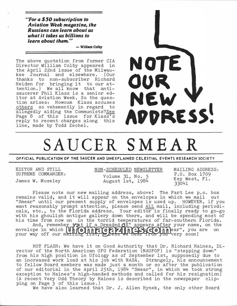Cover of The Saucer and Unexplained Celestial Events Research Society issue 31, No. 5: SAUCER SMEAR