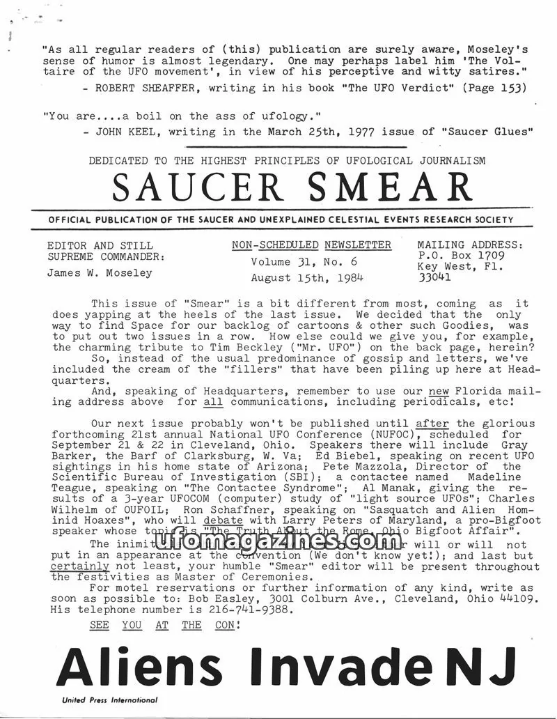 Cover of SAUCER AND UNEXPLAINED CELESTIAL EVENTS RESEARCH SOCIETY issue Volume 31, No. 6: SAUCER SMEAR