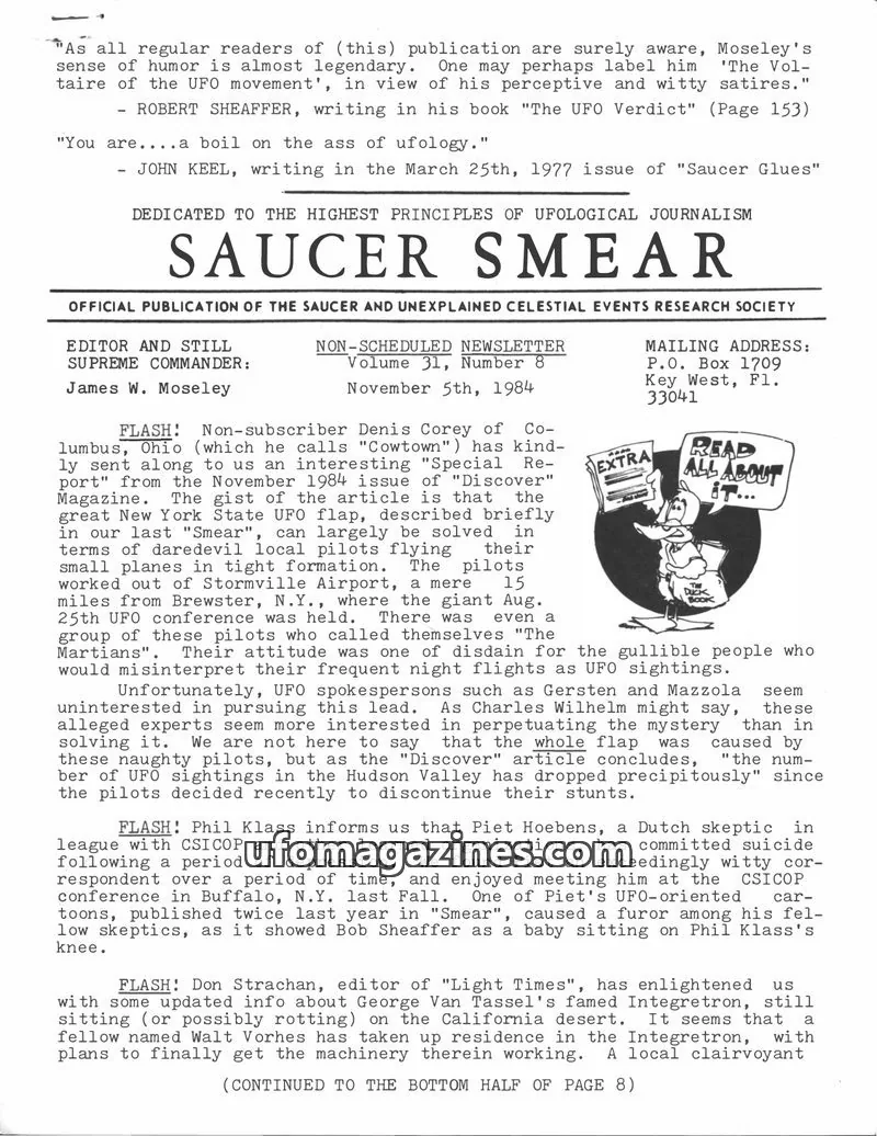Cover of OFFICIAL PUBLICATION OF THE SAUCER AND UNEXPLAINED CELESTIAL EVENTS RESEARCH SOCIETY issue Volume 31, Number 8: SAUCER SMEAR