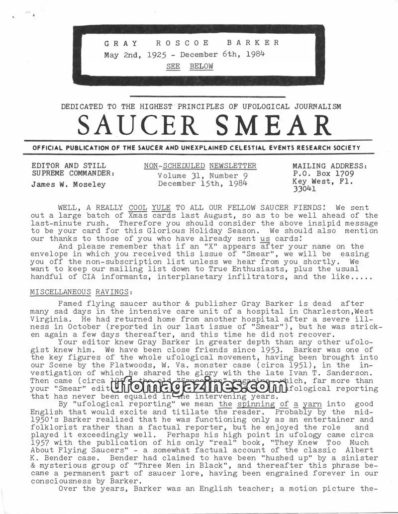 Cover of OFFICIAL PUBLICATION OF THE SAUCER AND UNEXPLAINED CELESTIAL EVENTS RESEARCH SOCIETY issue Volume 31, Number 9: SAUCER SMEAR