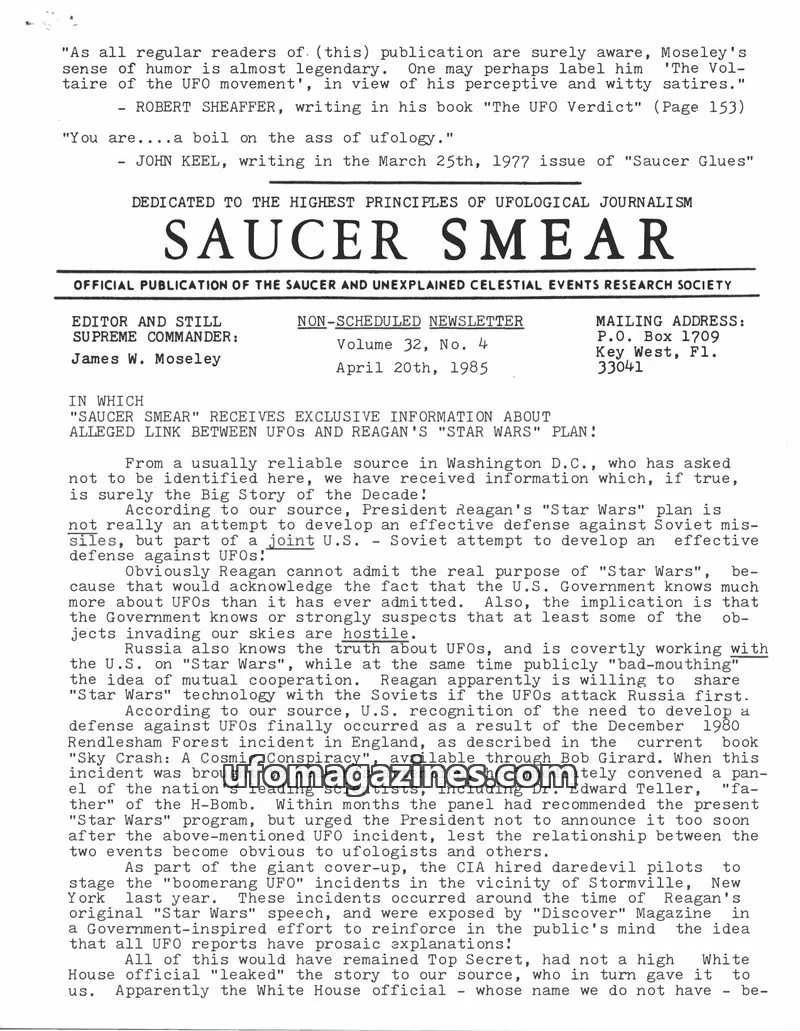 Cover of Saucer Smear (Jim Moseley) issue Volume 32, No. 4: SAUCER SMEAR