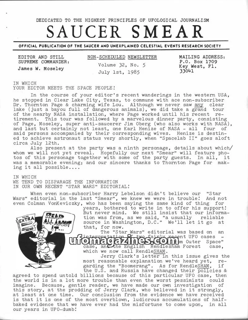 Cover of OFFICIAL PUBLICATION OF THE SAUCER AND UNEXPLAINED CELESTIAL EVENTS RESEARCH SOCIETY issue Volume 32, No. 5: SAUCER SMEAR