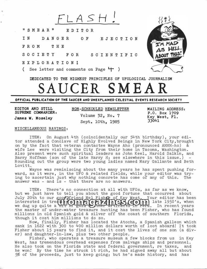 Cover of SAUCER AND UNEXPLAINED CELESTIAL EVENTS RESEARCH SOCIETY issue Volume 32, No. 7: SAUCER SMEAR