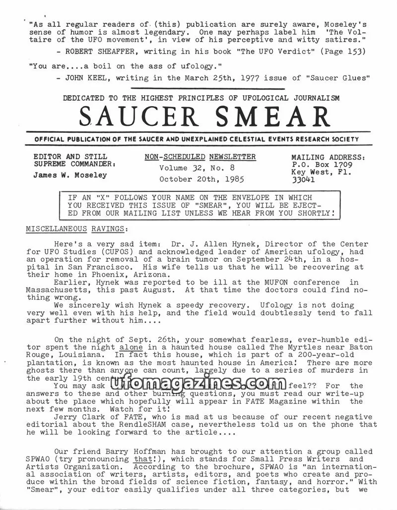 Cover of Saucer Smear (Jim Moseley) issue Volume 32, No. 8: SAUCER SMEAR