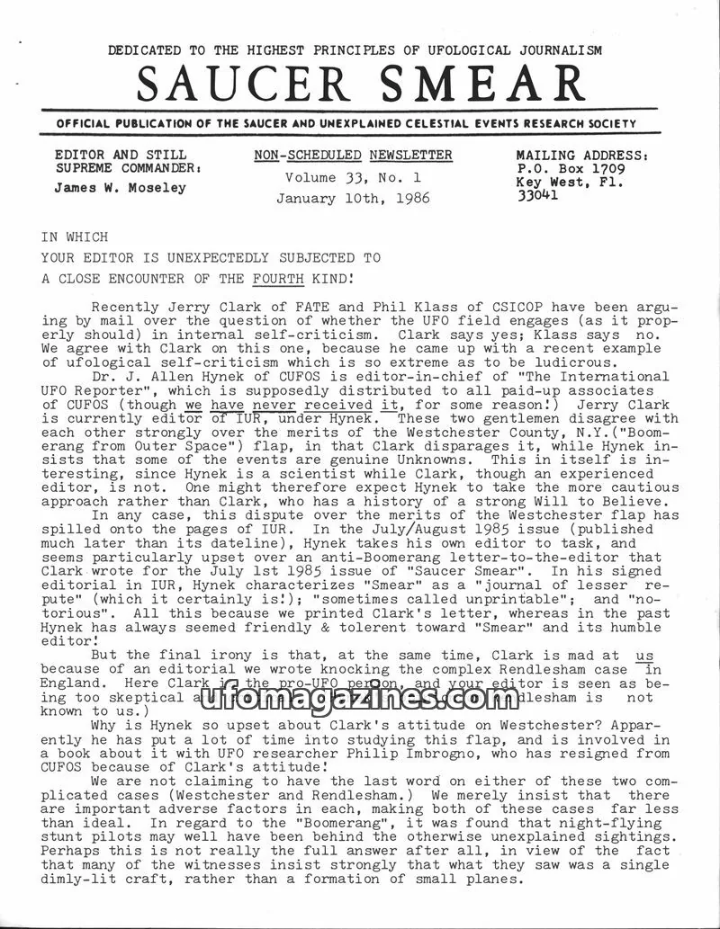 Cover of SAUCER AND UNEXPLAINED CELESTIAL EVENTS RESEARCH SOCIETY issue Volume 33, No. 1: SAUCER SMEAR
