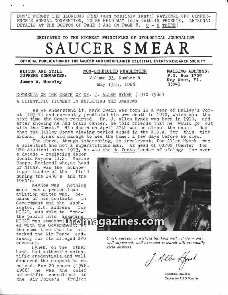 Cover of Saucer Smear (Jim Moseley) issue Volume 33, Number 4: SAUCER SMEAR
