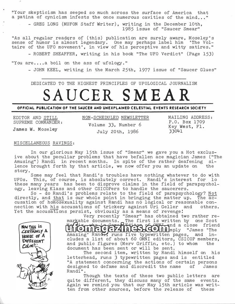Cover of OFFICIAL PUBLICATION OF THE SAUCER AND UNEXPLAINED CELESTIAL EVENTS RESEARCH SOCIETY issue Volume 33, Number 6: SAUCER SMEAR