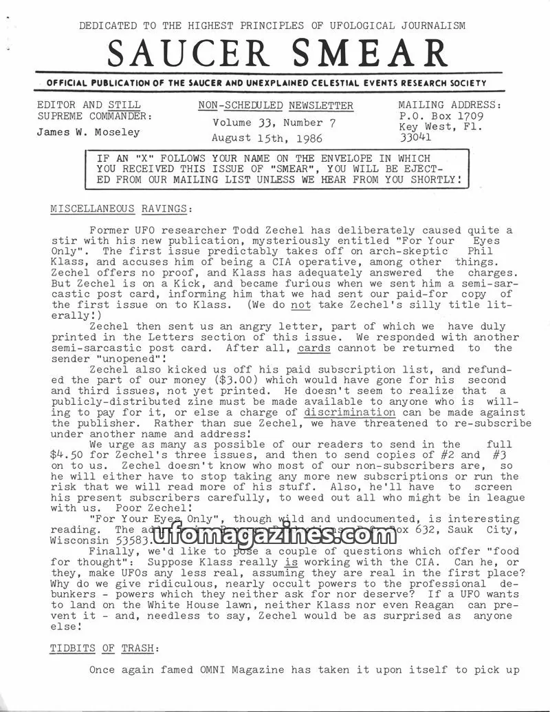 Cover of SAUCER AND UNEXPLAINED CELESTIAL EVENTS RESEARCH SOCIETY issue Volume 33, Number 7: SAUCER SMEAR