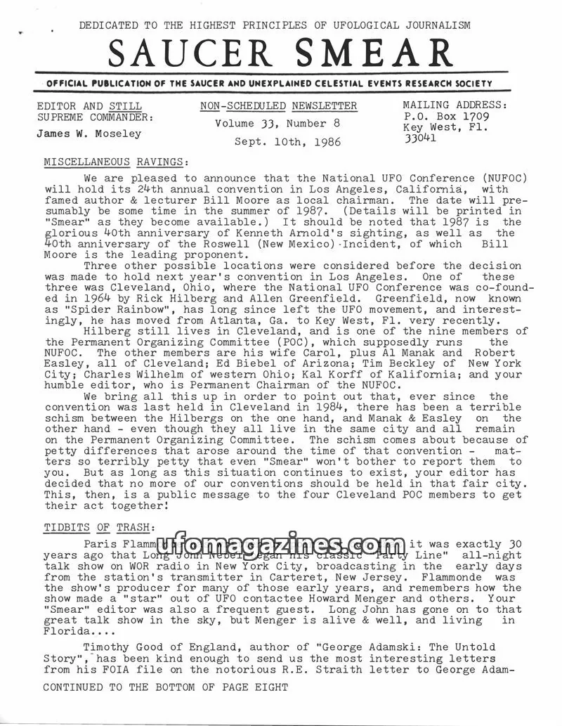 Cover of SAUCER AND UNEXPLAINED CELESTIAL EVENTS RESEARCH SOCIETY issue Volume 33, Number 8: SAUCER SMEAR