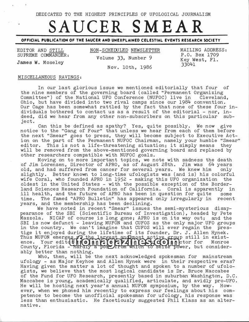 Cover of SAUCER AND UNEXPLAINED CELESTIAL EVENTS RESEARCH SOCIETY issue Volume 33, Number 9: SAUCER SMEAR