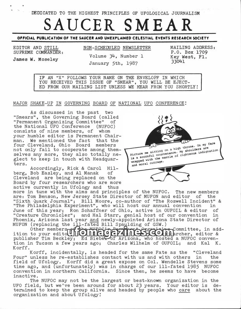 Cover of Saucer Smear (Jim Moseley) issue Volume 34, Number 1: SAUCER SMEAR