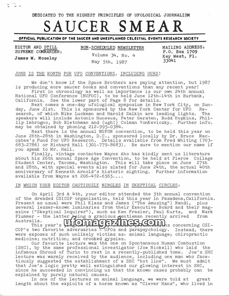 Cover of Saucer Smear (Jim Moseley) issue Volume 34, No. 4: SAUCER SMEAR