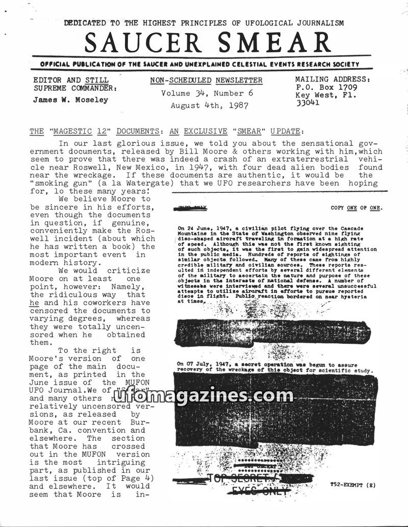 Cover of SAUCER AND UNEXPLAINED CELESTIAL EVENTS RESEARCH SOCIETY issue Volume 34, Number 6: SAUCER SMEAR