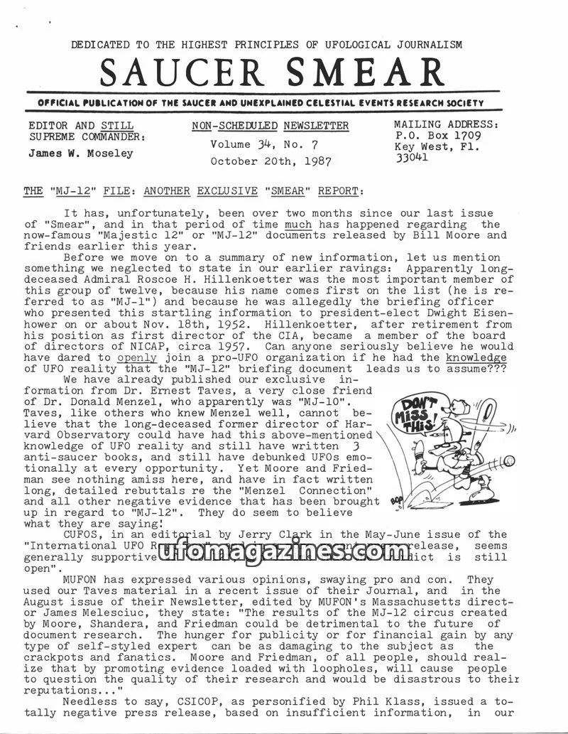 Cover of Saucer Smear (Jim Moseley) issue Volume 34, No. 7: SAUCER SMEAR