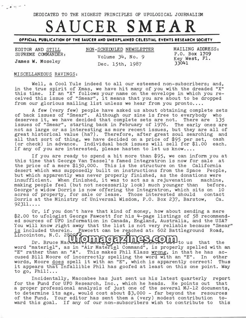 Cover of SAUCER AND UNEXPLAINED CELESTIAL EVENTS RESEARCH SOCIETY issue Volume 34, No. 9: SAUCER SMEAR