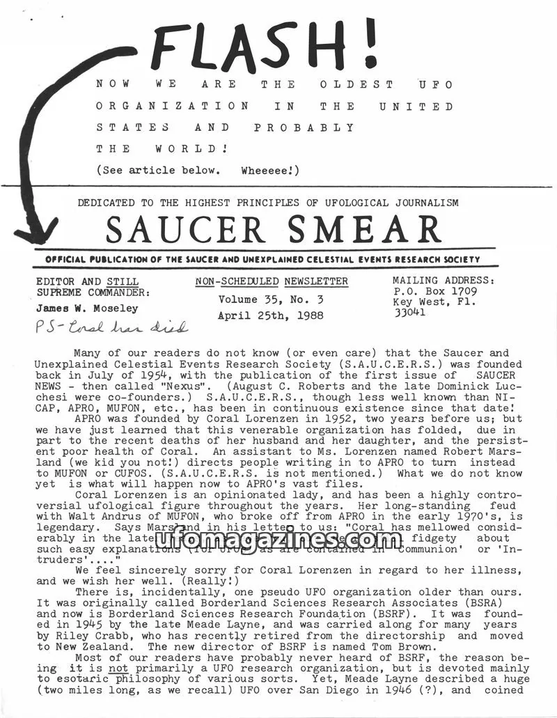 Cover of SAUCER AND UNEXPLAINED CELESTIAL EVENTS RESEARCH SOCIETY issue Volume 35, No. 3: SAUCER SMEAR