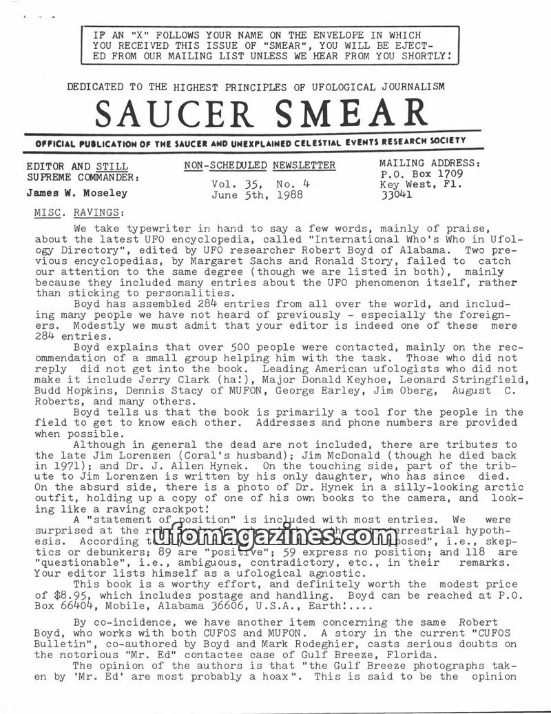 Cover of Saucer Smear (Jim Moseley) issue Vol. 35, No. 4: SAUCER SMEAR