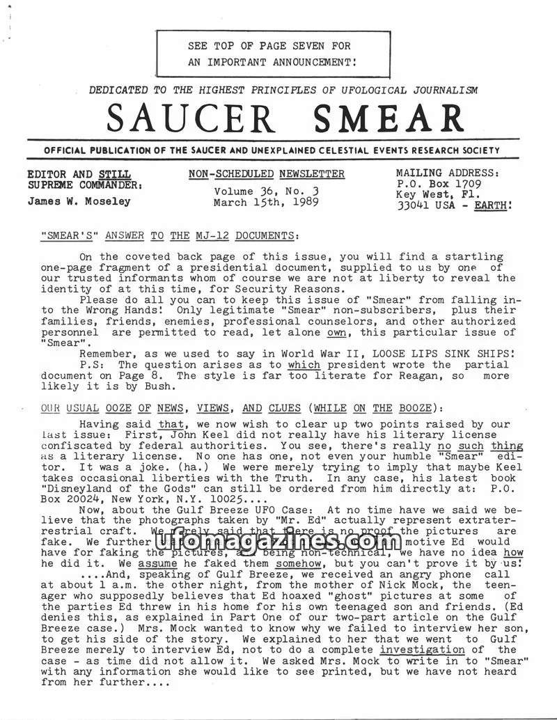 Cover of SAUCER AND UNEXPLAINED CELESTIAL EVENTS RESEARCH SOCIETY issue 36, No. 3: SAUCER SMEAR