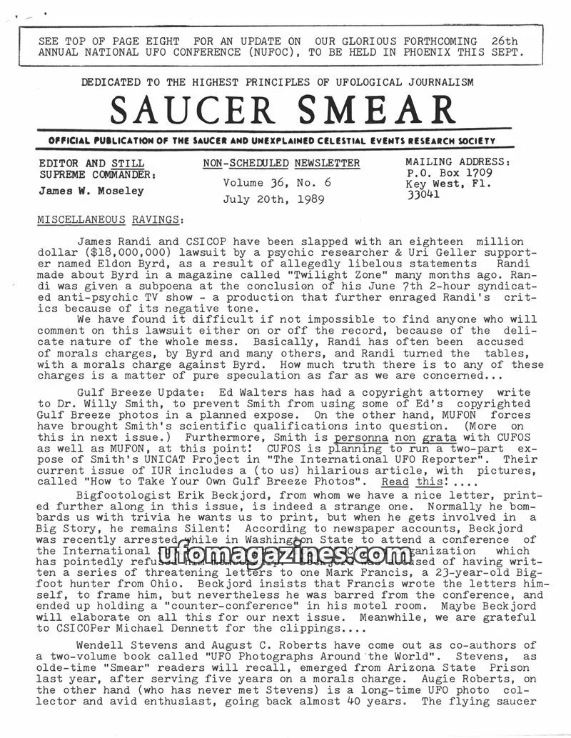 Cover of Saucer Smear (Jim Moseley) issue Volume 36, No. 6: SAUCER SMEAR