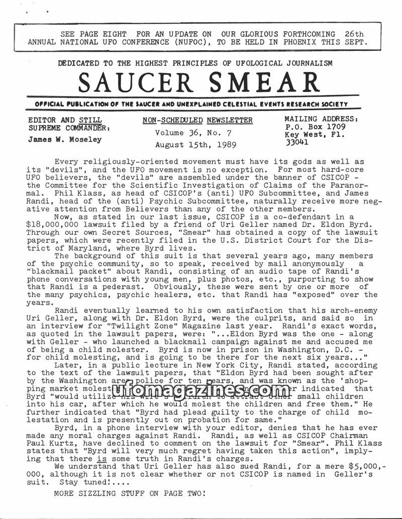 Cover of SAUCER AND UNEXPLAINED CELESTIAL EVENTS RESEARCH SOCIETY issue Volume 36, No. 7: SAUCER SMEAR