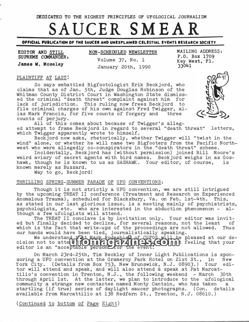 Cover of SAUCER AND UNEXPLAINED CELESTIAL EVENTS RESEARCH SOCIETY issue Volume 37, No. 1: SAUCER SMEAR