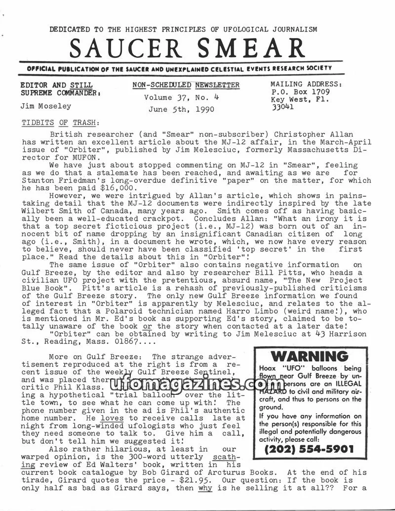 Cover of SAUCER AND UNEXPLAINED CELESTIAL EVENTS RESEARCH SOCIETY issue Volume 37, No. 4: SAUCER SMEAR