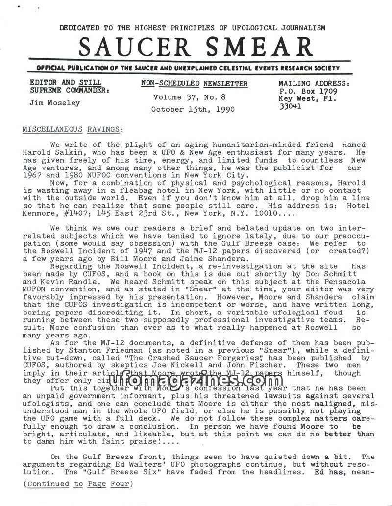 Cover of OFFICIAL PUBLICATION OF THE SAUCER AND UNEXPLAINED CELESTIAL EVENTS RESEARCH SOCIETY issue Volume 37, No. 8: SAUCER SMEAR