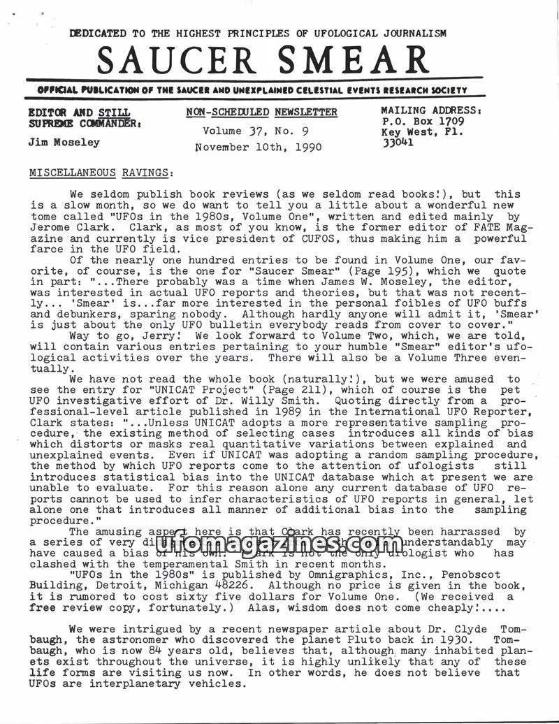 Cover of SAUCER AND UNEXPLAINED CELESTIAL EVENTS RESEARCH SOCIETY issue Volume 37, No. 9: SAUCER SMEAR